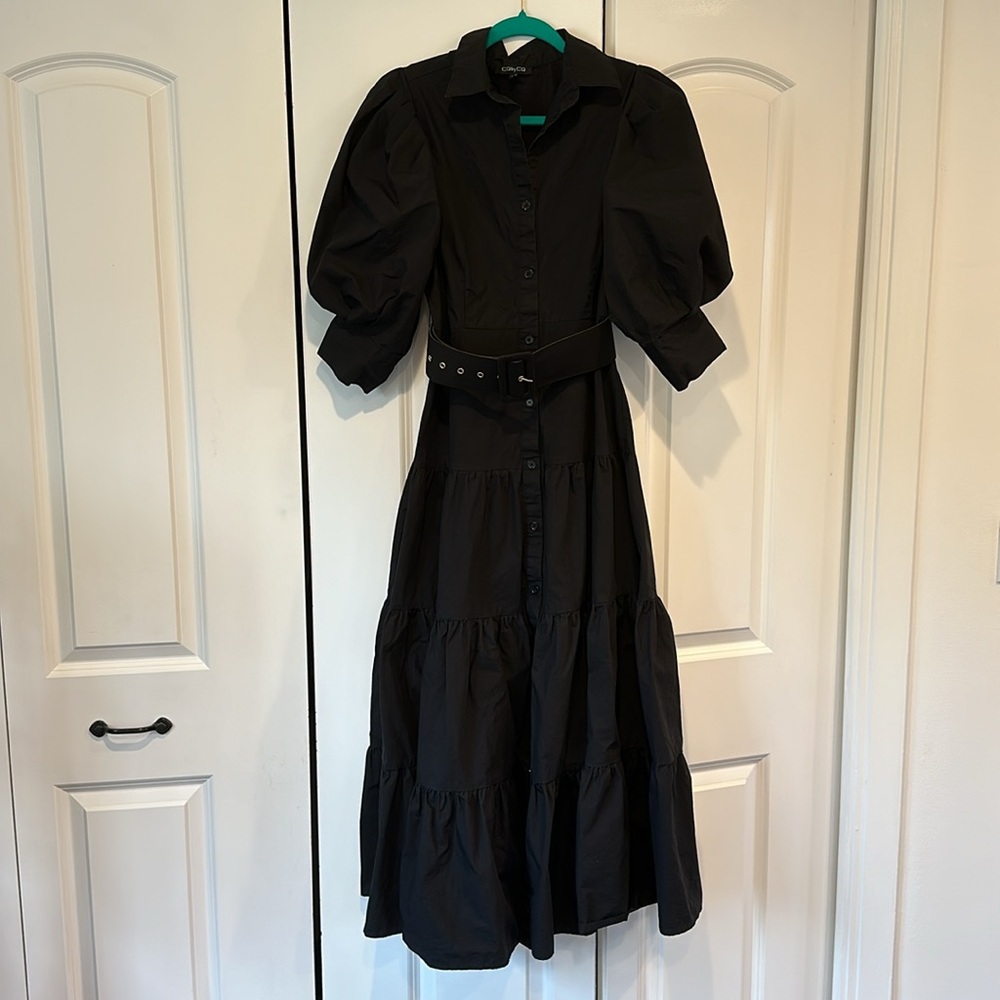 CQbyCQ Black Puff Sleeve Tiered Shirt Dress Button Down Belted Maxi - Picture 3 of 10